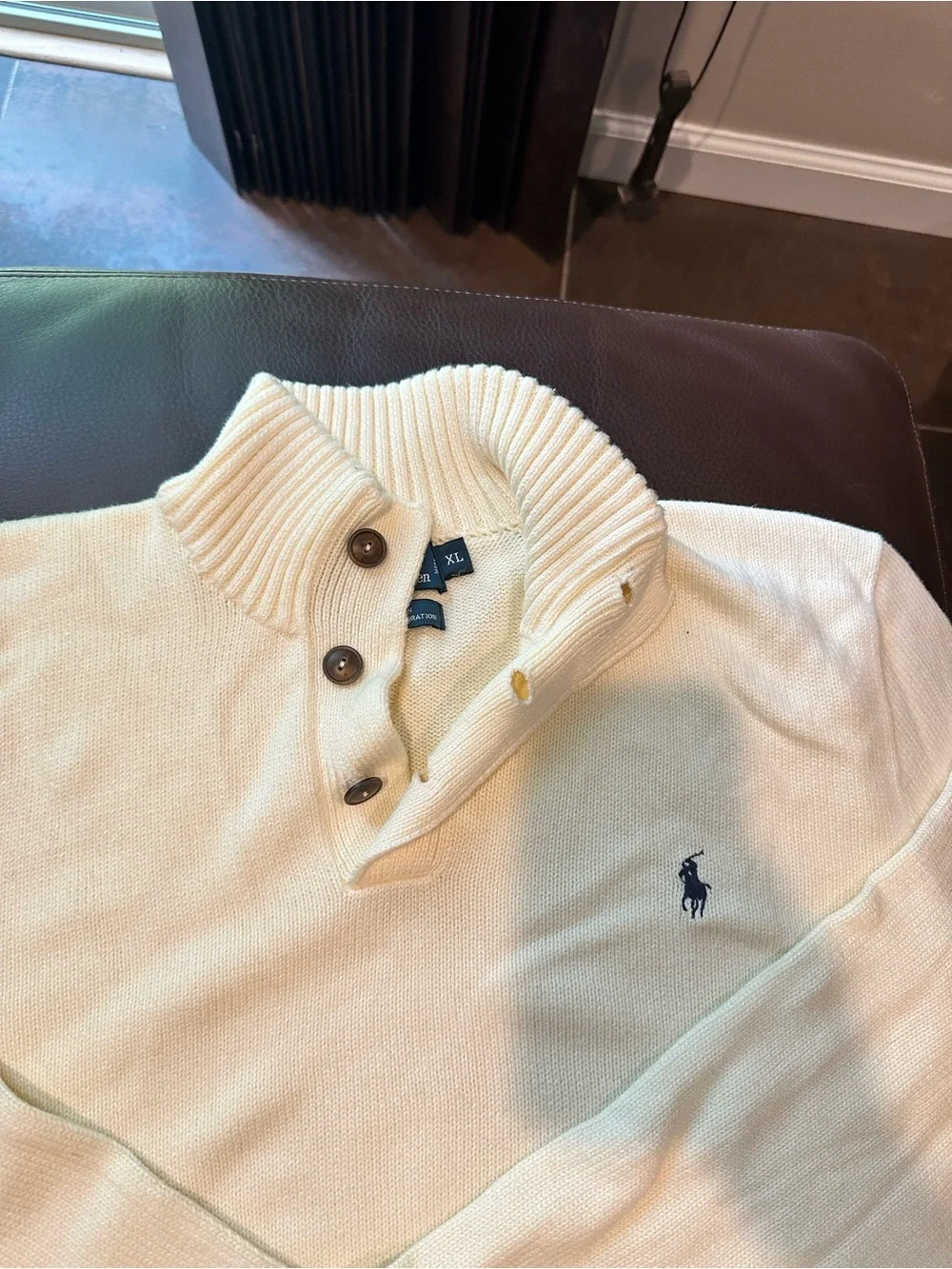 Polo by Ralph Lauren Men’s Cream Ribbed Zip-Neck Sweater with Navy Pony